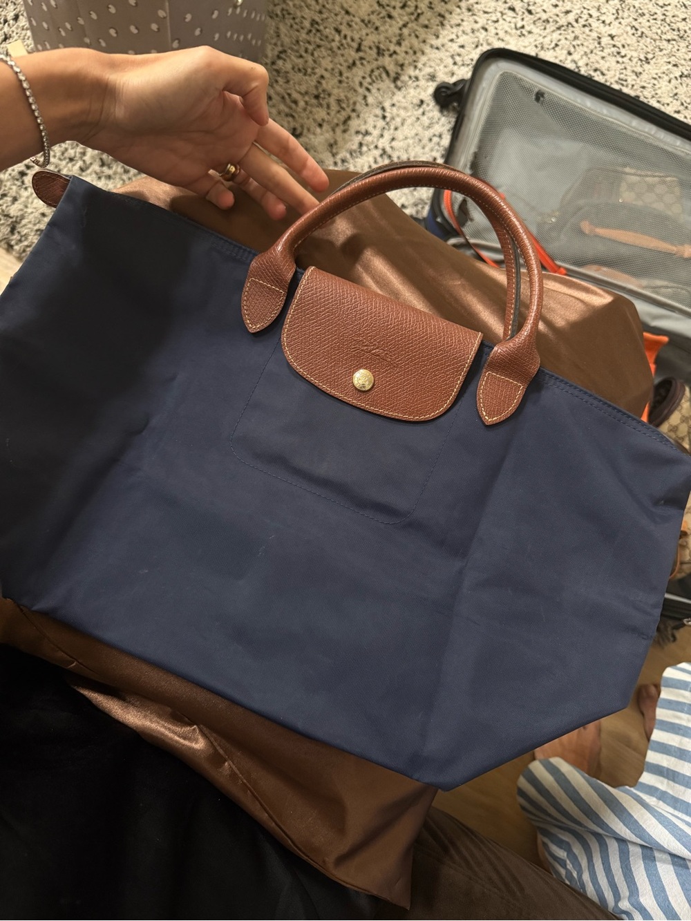 Longchamp Navy Tote with Brown Leather Trim